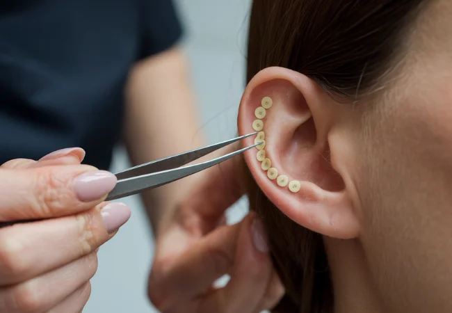 Detalhe de auriculoterapia com sementes aplicadas na orelha